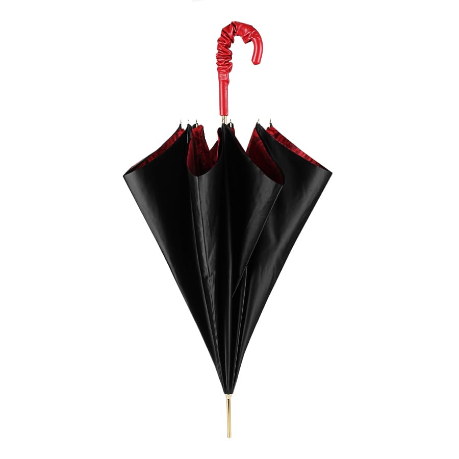 Pasotti women's cane umbrella black with leather handle and red roses under the dome