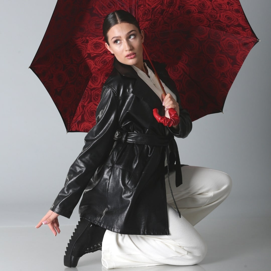 Pasotti women's cane umbrella black with leather handle and red roses under the dome
