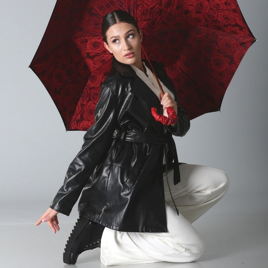Pasotti Women's Black Rose Cane Umbrella with Red Roses Lining โ 189-50884/1