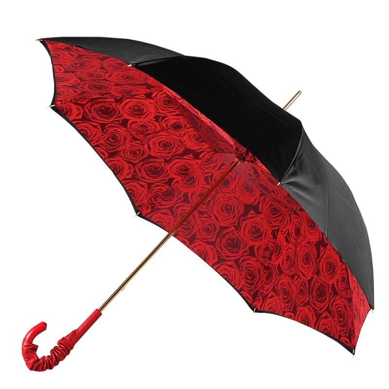 Pasotti women's cane umbrella black with leather handle and red roses under the dome