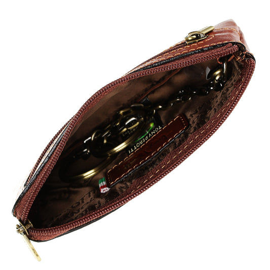 Cognac leather key pouch open, printed Tony Perotti lining and key rings on chains — Italico 359 cognac