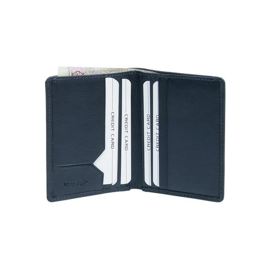 Tony Perotti Cortina 5045 navy — opened flat: cards in the slots on both inner panels and a banknote in the central compartment