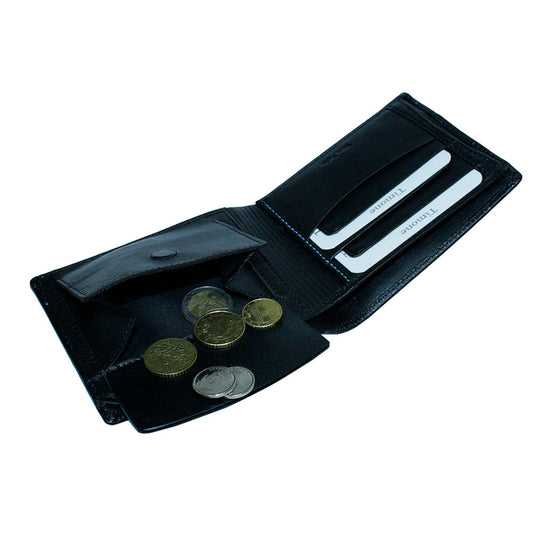 Tony Perotti Timone 11013G black wallet with open coin pocket holding coins and cards in slots