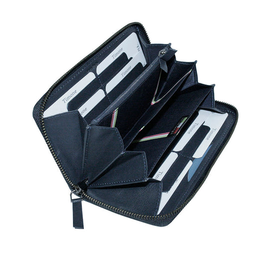 Open Tony Perotti Timone 11059 navy zip-around wallet with cards in slots and expanding gussets