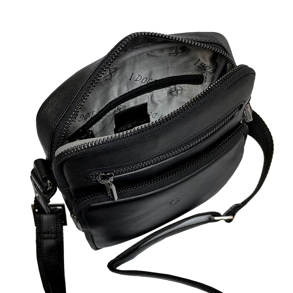 Cortina 6048 nero open from the top: two zip compartments and the lining printed with the compass-rose motif
