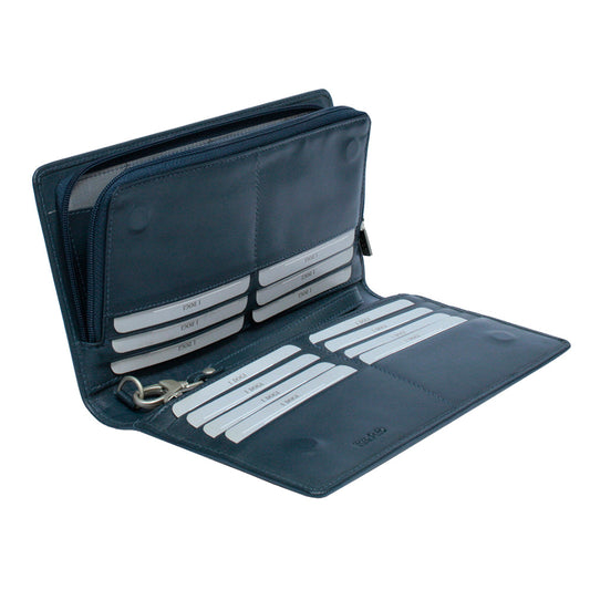 Tony Perotti Cortina 5067 navy dark blue leather clutch wallet opened flat — card slots across all four inner panels, snap-fastened pockets and the wrist strap on its snap hook