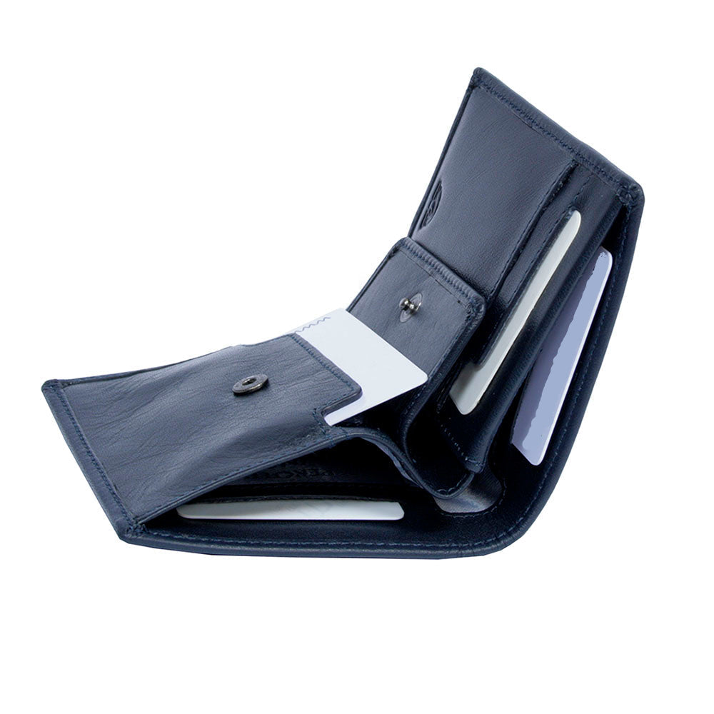 Side view of Tony Perotti New Contatto 3504 navy wallet — coin pocket flap open showing the snap