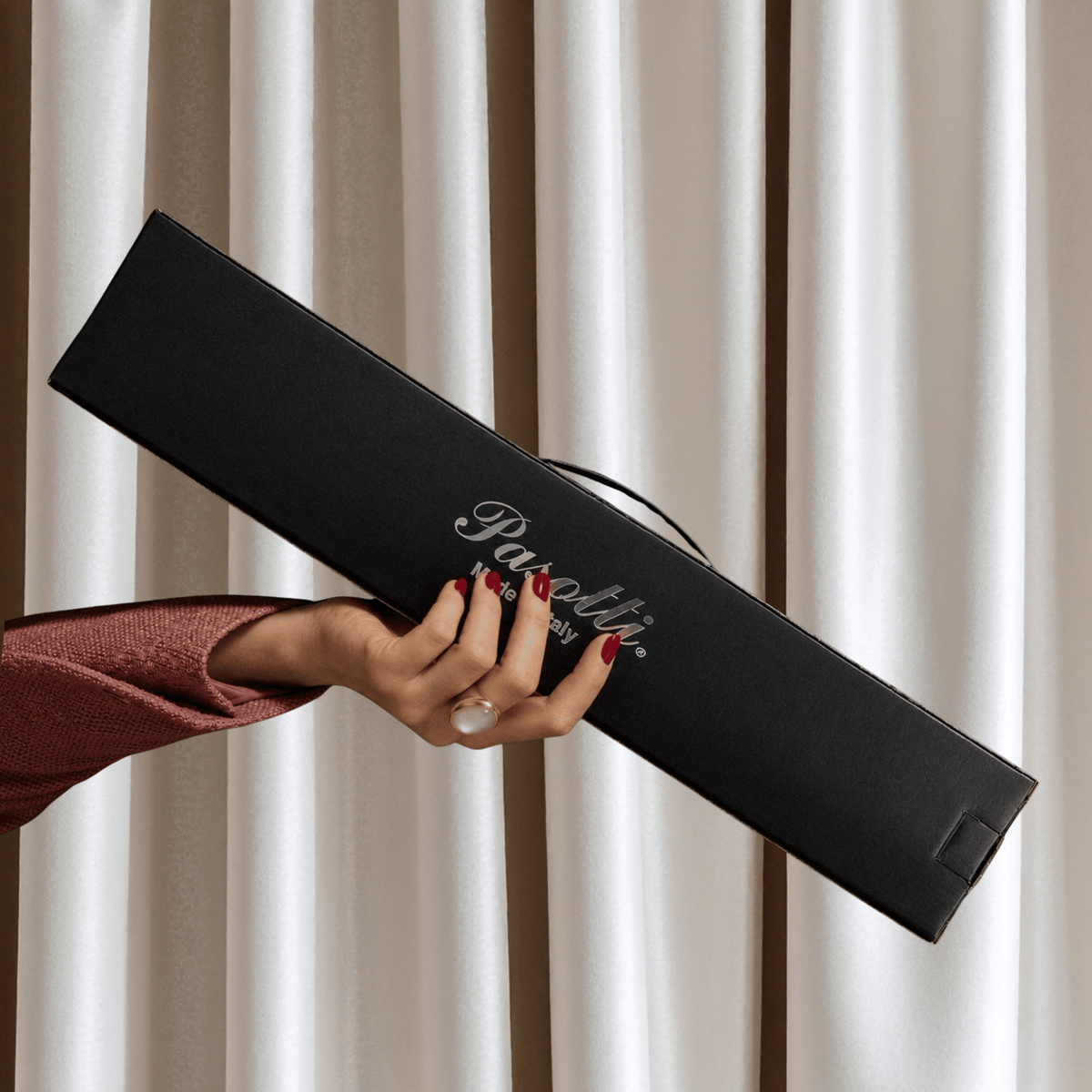 Black branded Pasotti gift box with logo for folding umbrellas and shoehorns