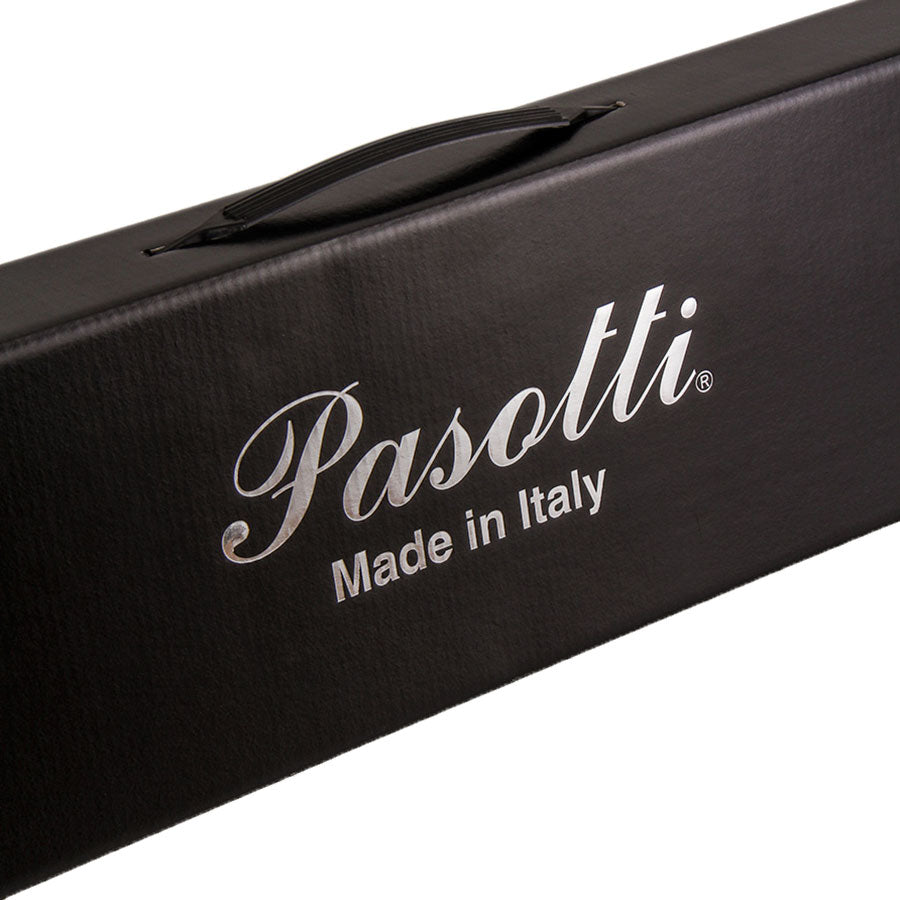 Close-up of black Pasotti gift box with silver logo and Made in Italy lettering