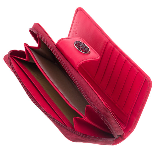 Swarovski 1655A wallet open — zip-around bill section and card slots under the crystal strap
