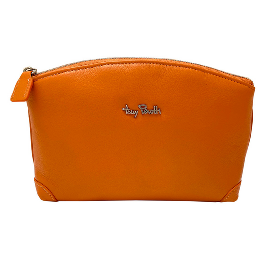 Tony Perotti Contatto 1779 arancio orange leather cosmetic bag — front view