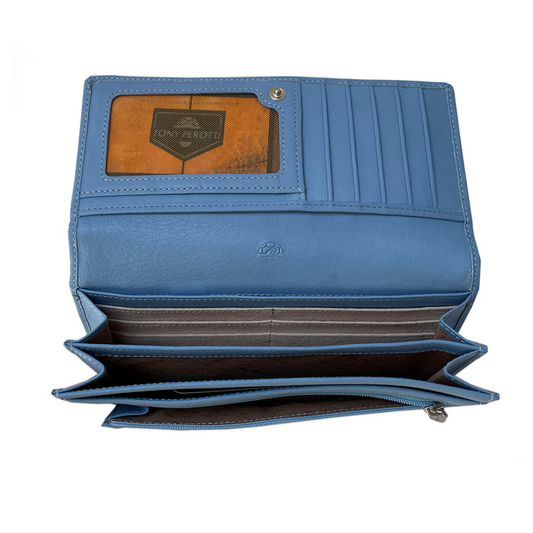 Open Tony Perotti light blue flap wallet showing bill compartments and accordion sides