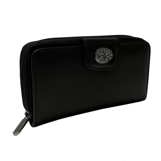 Black Swarovski 1655A wallet at an angle — crystal medallion and engraved zip pull
