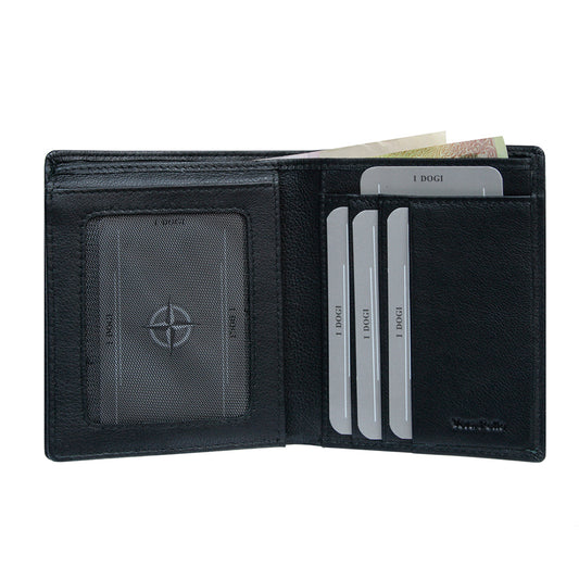 Black leather bifold wallet card layout detail — Tony Perotti Cortina 5079