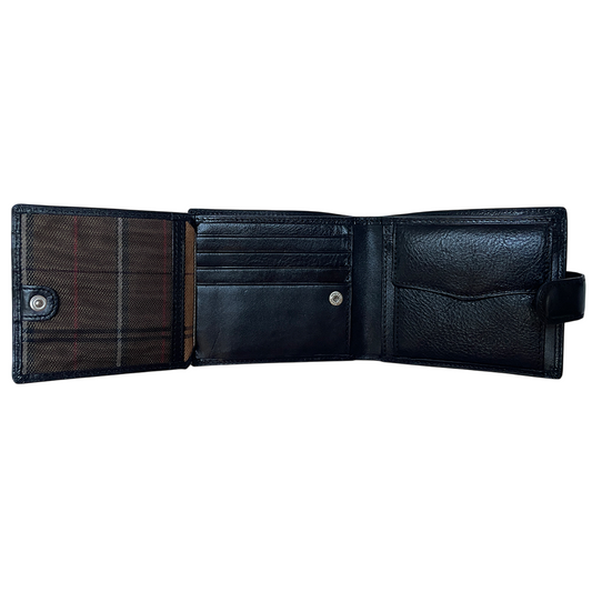 Italico 3341A-Q nero wallet with the card flip opened — check lining, 3 card slots and silver-tone snaps