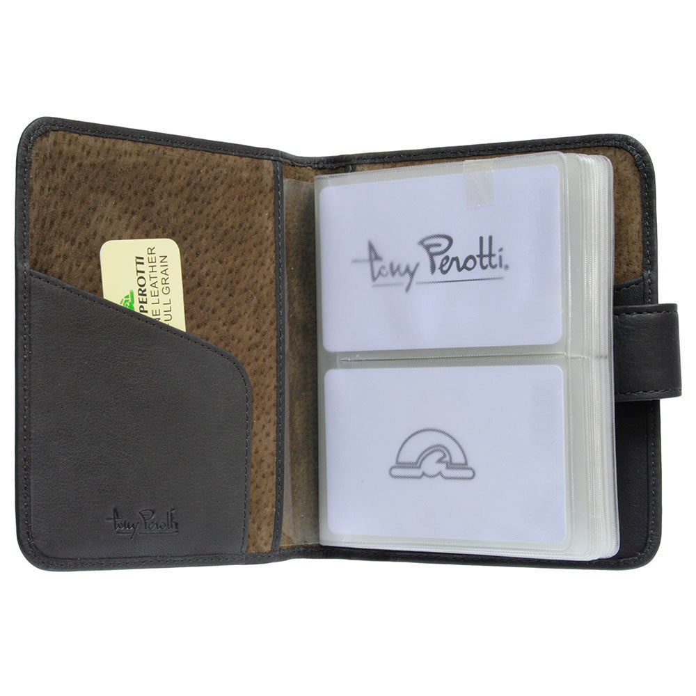 Tony Perotti Contatto 2612 moro — opened, showing the removable clear insert and the two pockets on the inner cover