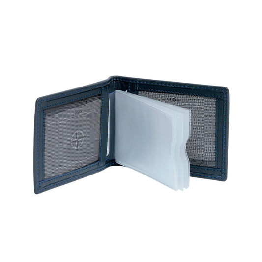 Tony Perotti Cortina 5044 navy — opened, showing the fan of clear files and a full-height pocket on each inner panel