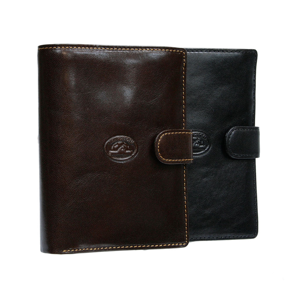 Tony Perotti Italico 2242 passport wallets in dark brown and black, closed with their leather tabs