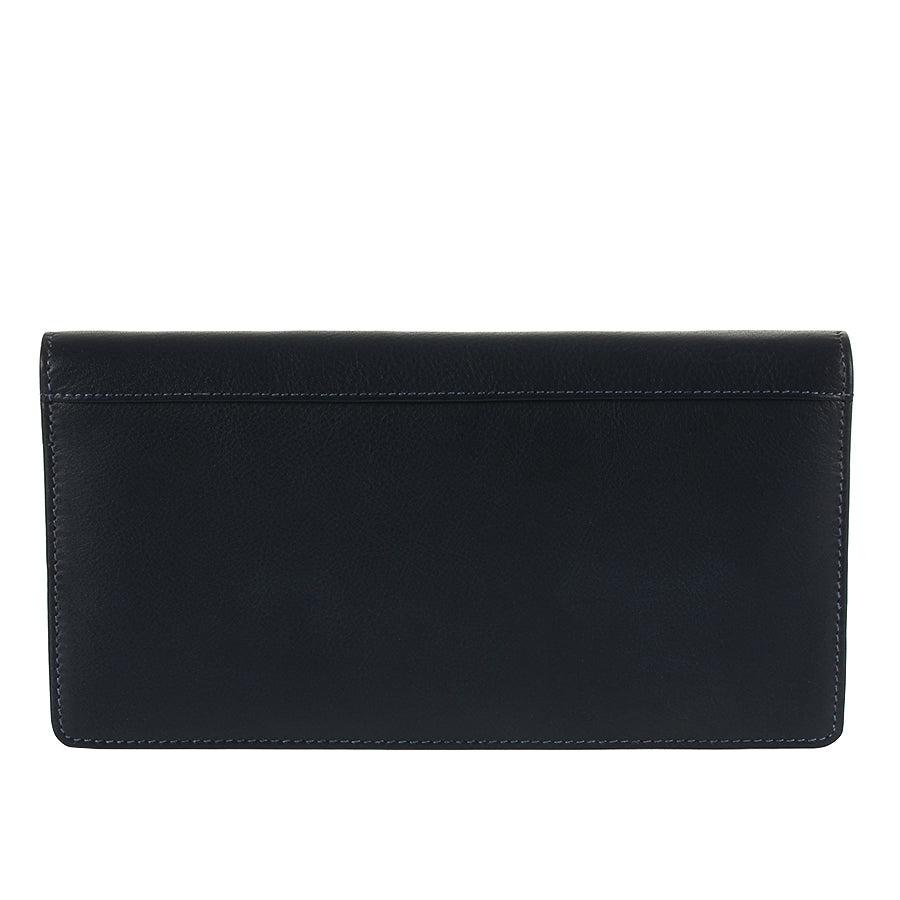 Back of the navy Tony Perotti Cortina 5067 wallet — a plain leather panel under the fold-over flap