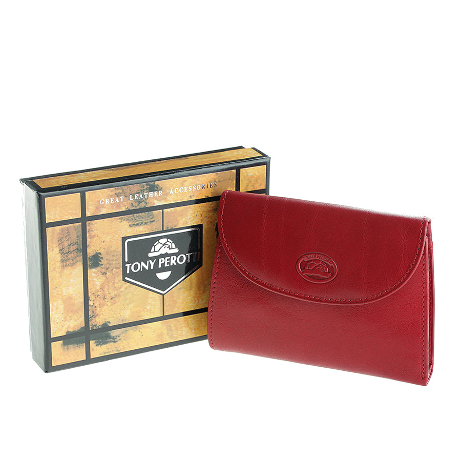 Women's Tony Perotti Italico 2058 rosso leather wallet near branded box