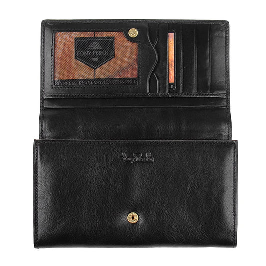 Open Tony Perotti Italico 1073 nero wallet showing card slots, ID window and interior compartments