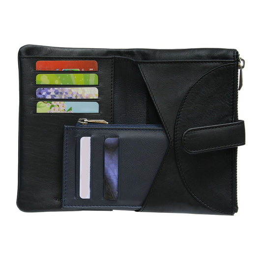 Tony Perotti Diamante 2011 nero black leather wallet open — card slots with bank cards on the left, a curved zipped coin pocket in the centre and a removable navy blue card insert with a Tony Perotti address card