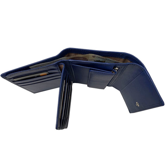 Blue Swarovski 500N wallet open at an angle showing card slots and snap coin pocket