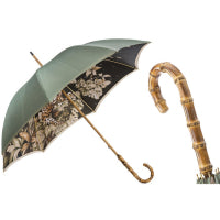 Luxury women’s umbrella with bamboo handle and decorative animal artwork under the canopy