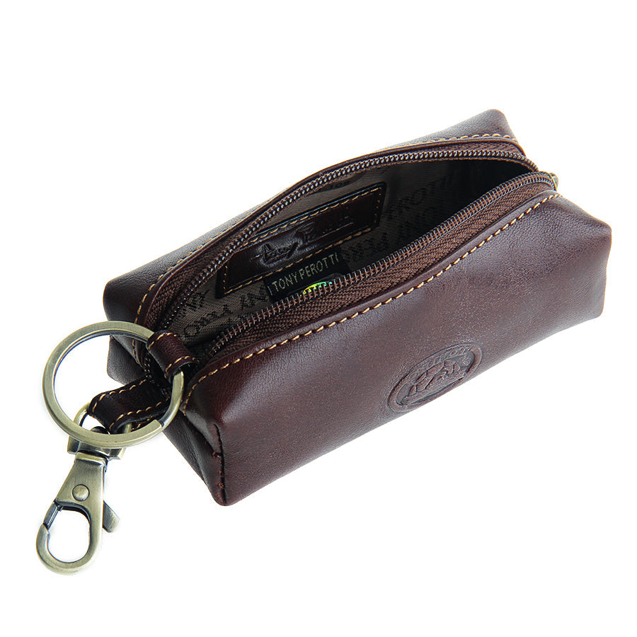 Dark brown leather key case open with key ring — Tony Perotti Italico 109 moro