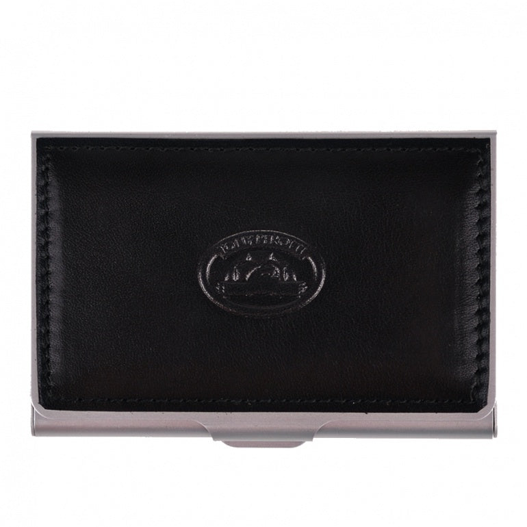 Tony Perotti Italico 2204 nero — the metal business card case closed, with the black leather lid and the embossed turtle emblem