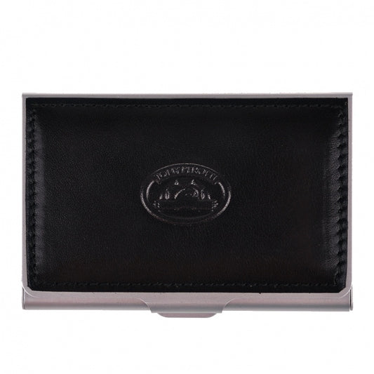 Tony Perotti Italico 2204 nero — the metal business card case closed, with the black leather lid and the embossed turtle emblem