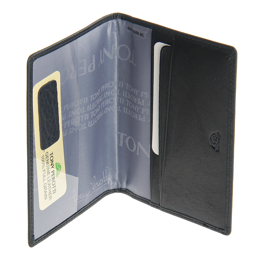 Tony Perotti New Contatto 3550 nero passport cover opened at an angle, showing the card compartments and the Tony Perotti woven lining