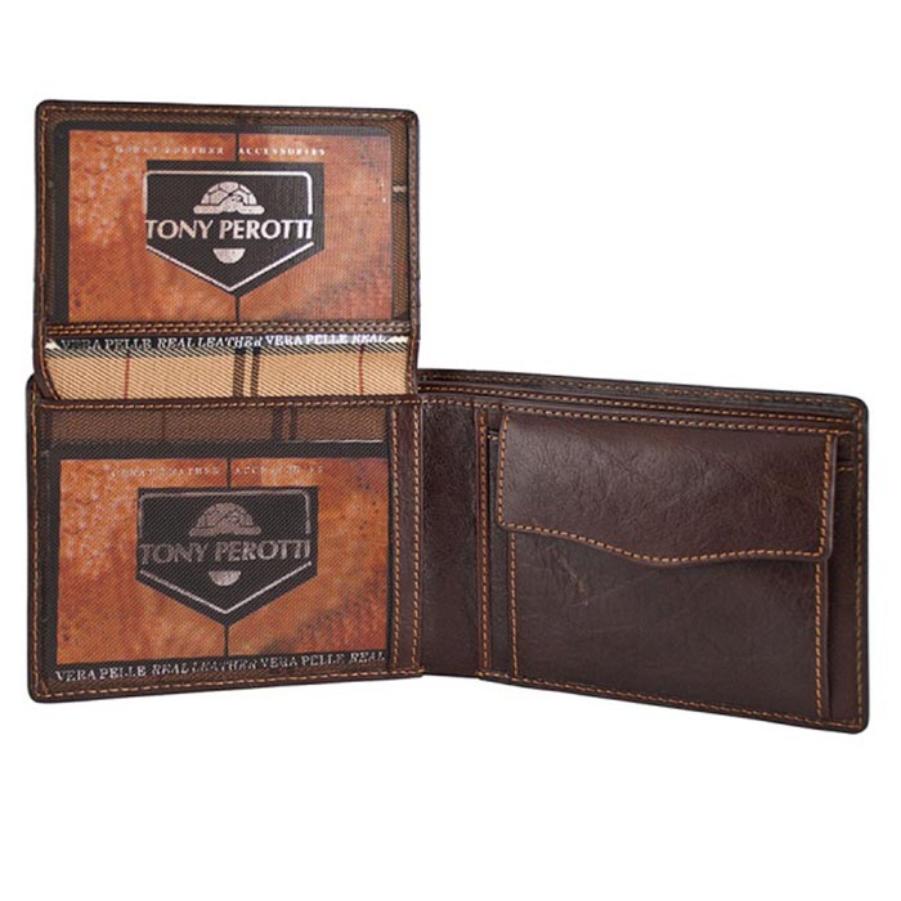 Dark brown leather bifold wallet fold-out ID windows — Tony Perotti Italico 396