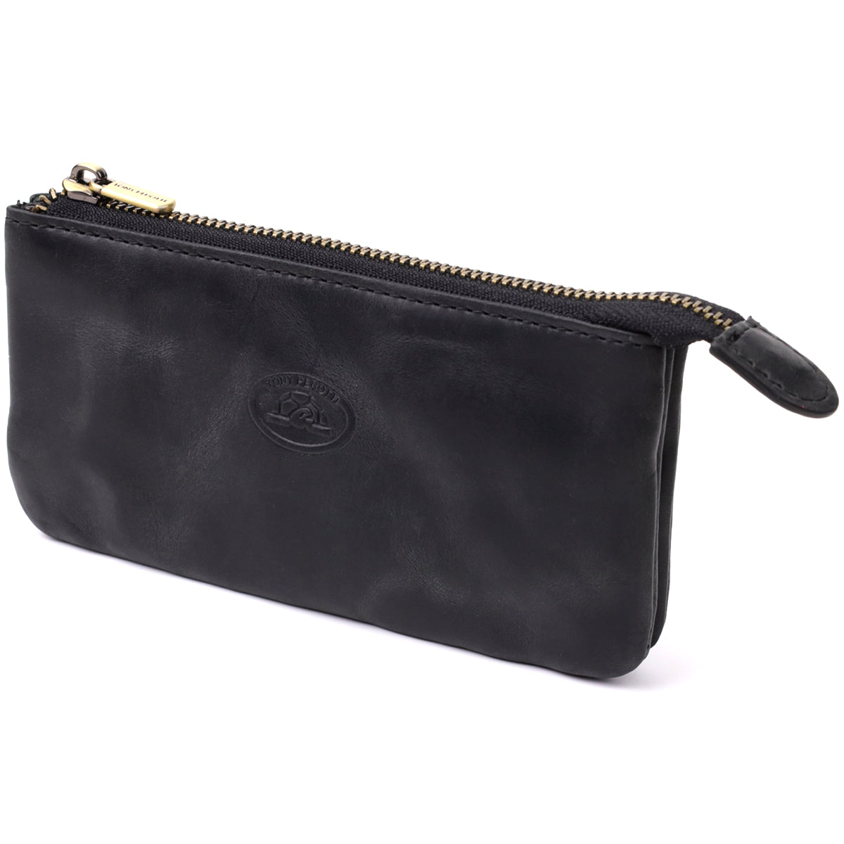 Tony Perotti Arno 3350 nero black leather key case at an angle — embossed oval emblem and a metal zip pull stamped Tony Perotti
