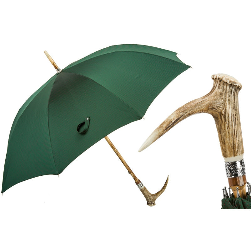 Pasotti men's green umbrella with deer antler handle, open, with a close-up of the handle — 142 Pto CN9 CC