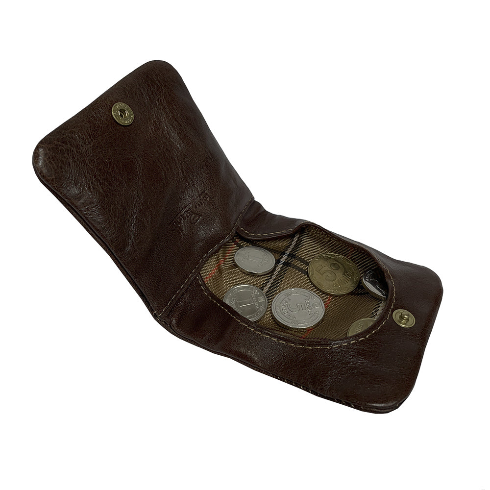 Dark brown leather coin pouch open with coins on plaid fabric lining — Tony Perotti Italico 1636 moro