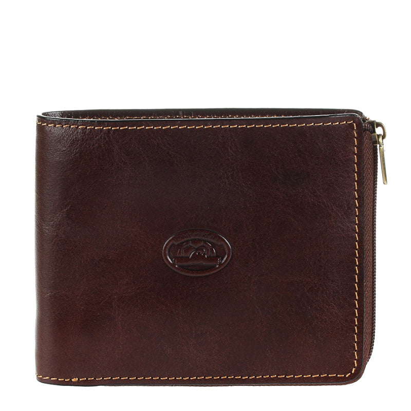 Dark brown leather zip bifold wallet Tony Perotti Italico 3645 moro — front with embossed turtle emblem