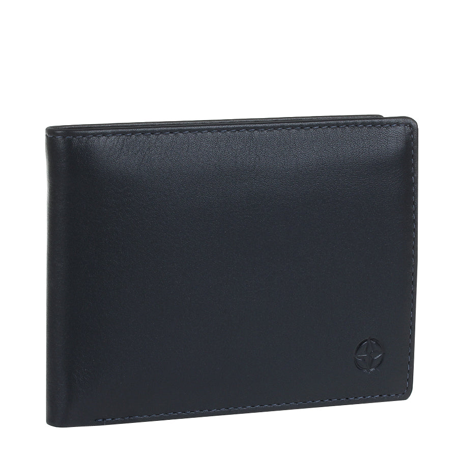Navy Tony Perotti Cortina 5013 bifold wallet standing at a three-quarter angle, closed