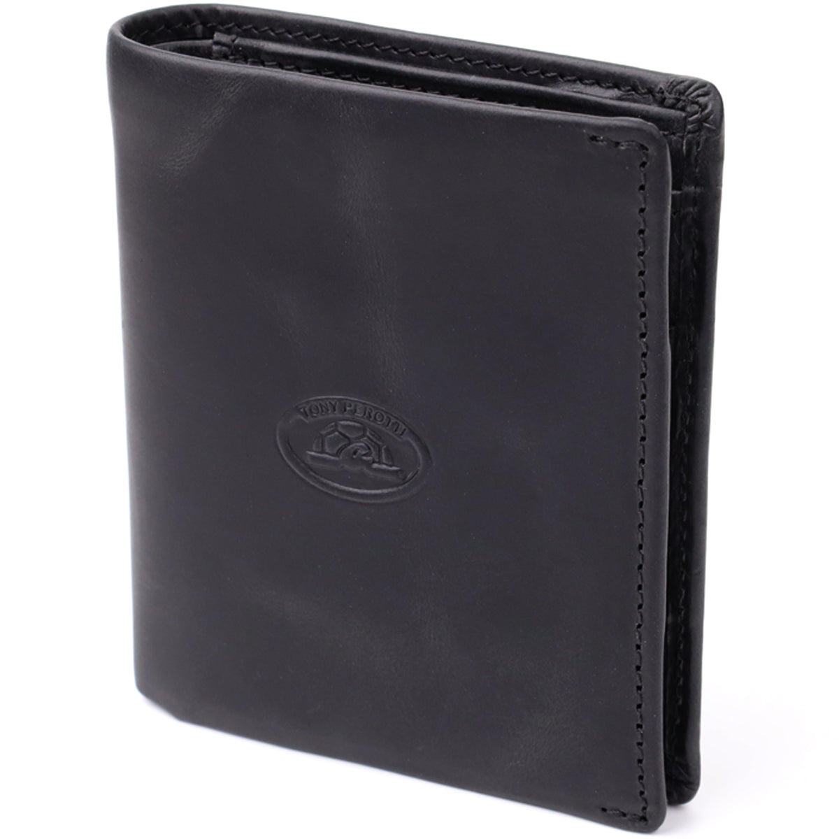 Tony Perotti Arno 1165 nero men's black vintage-look leather bifold wallet, standing at an angle — embossed oval Tony Perotti emblem