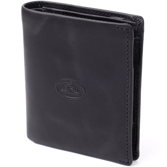 Tony Perotti Arno 1165 nero men's black vintage-look leather bifold wallet, standing at an angle — embossed oval Tony Perotti emblem