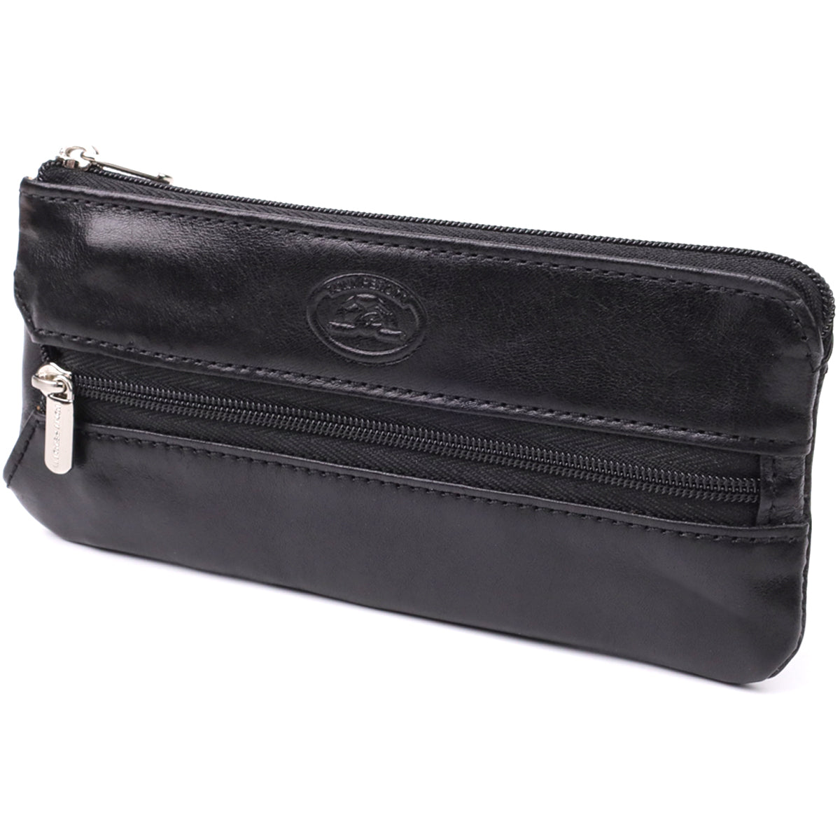 Tony Perotti Italico 2686 nero black leather long zip key case at an angle — main zip with a snap-hook puller, a second smaller zip pocket below, embossed oval emblem
