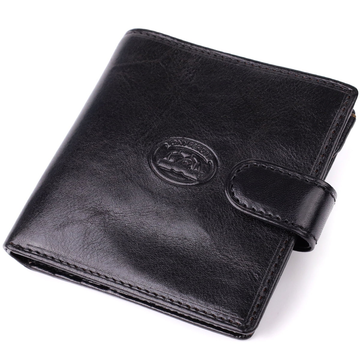 Tony Perotti Italico 1256 nero men's black leather compact wallet, standing at an angle — embossed oval Tony Perotti emblem and the snap-strap closure