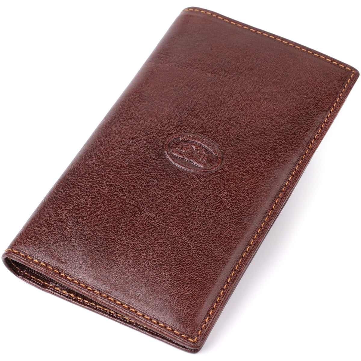 Tony Perotti Italico 1438 moro men's dark brown leather coat wallet, lying at an angle — embossed oval Tony Perotti emblem and contrasting orange stitching