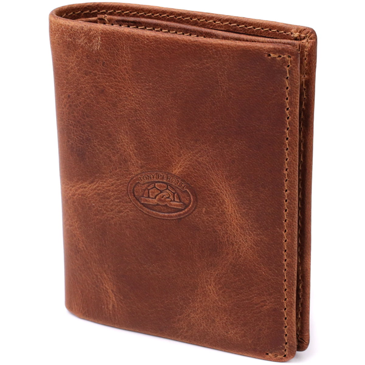 Tony Perotti Arno 1165 whisky men's brown vintage-look leather bifold wallet, closed — embossed oval Tony Perotti emblem