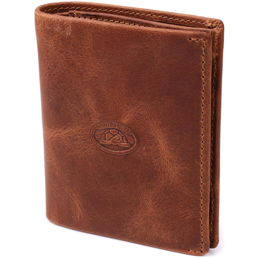 Tony Perotti Arno 1165 whisky men's brown vintage-look leather bifold wallet, closed — embossed oval Tony Perotti emblem