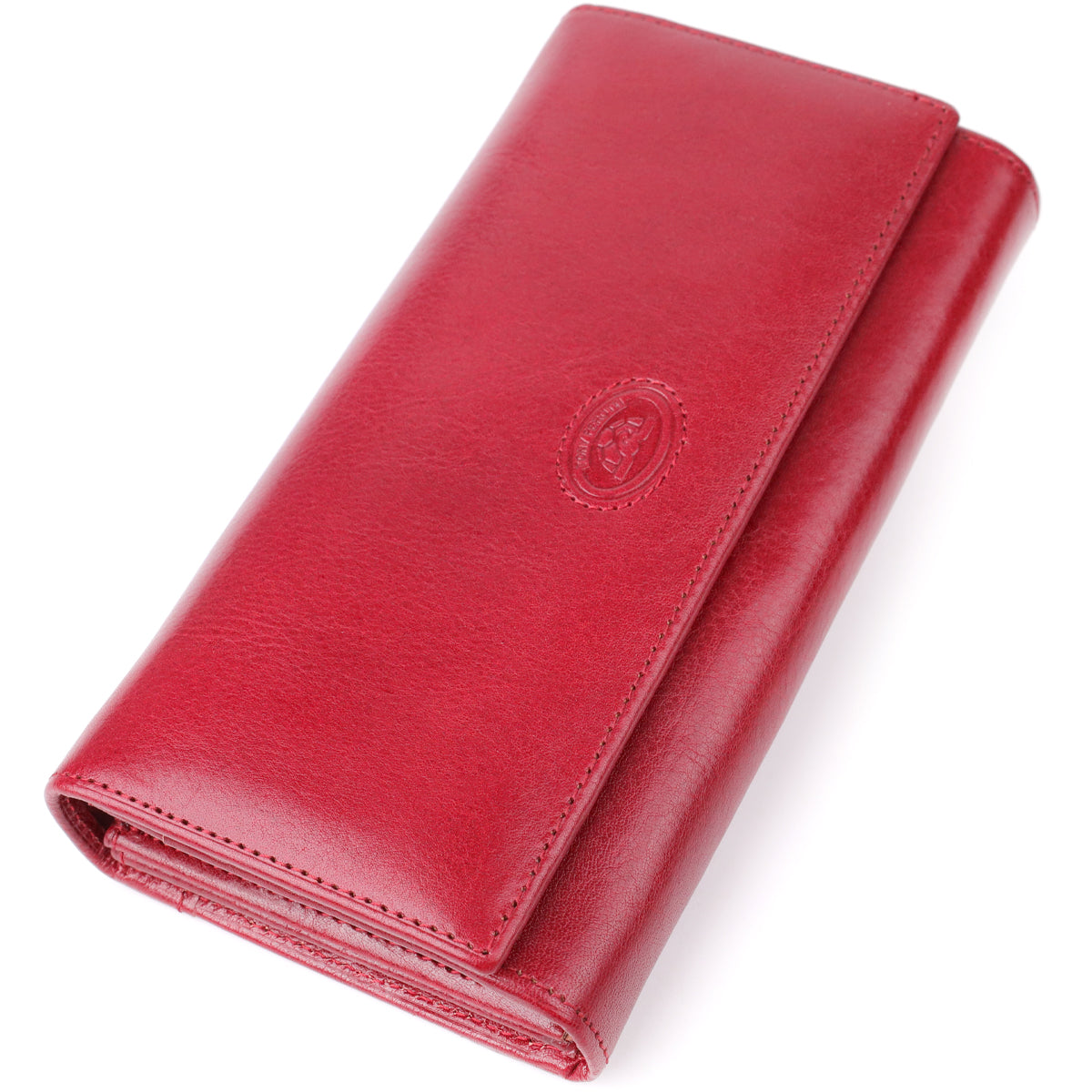 Tony Perotti Italico 1911 rosso women's red leather long flap wallet, standing at an angle — embossed oval Tony Perotti emblem