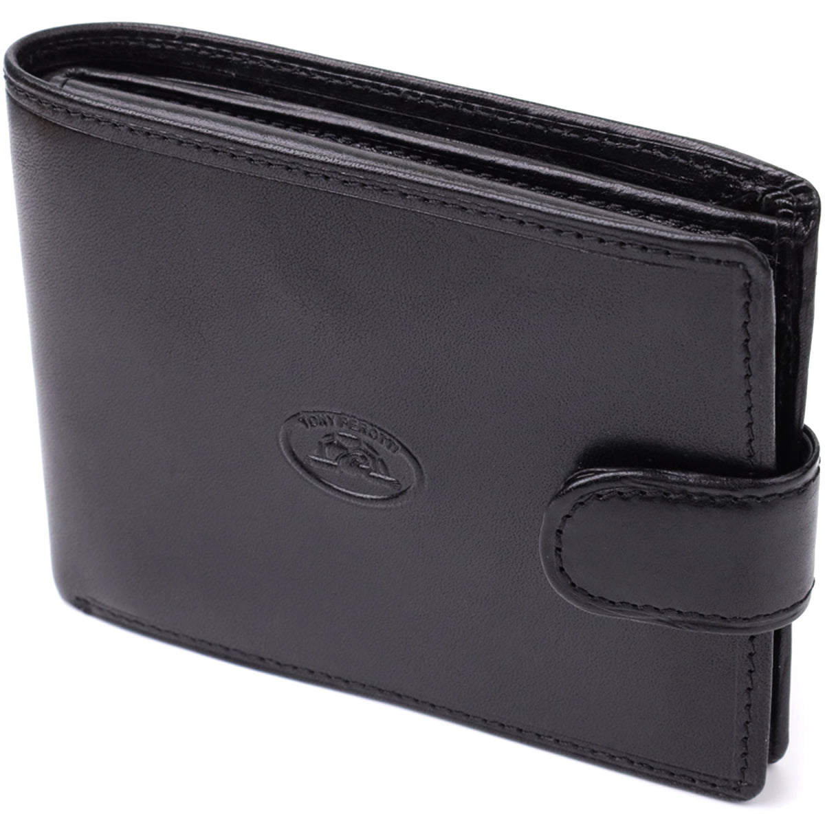 Tony Perotti Italico 396A-Q nero men's black leather bifold wallet, standing at an angle — embossed oval Tony Perotti emblem and the snap-strap closure