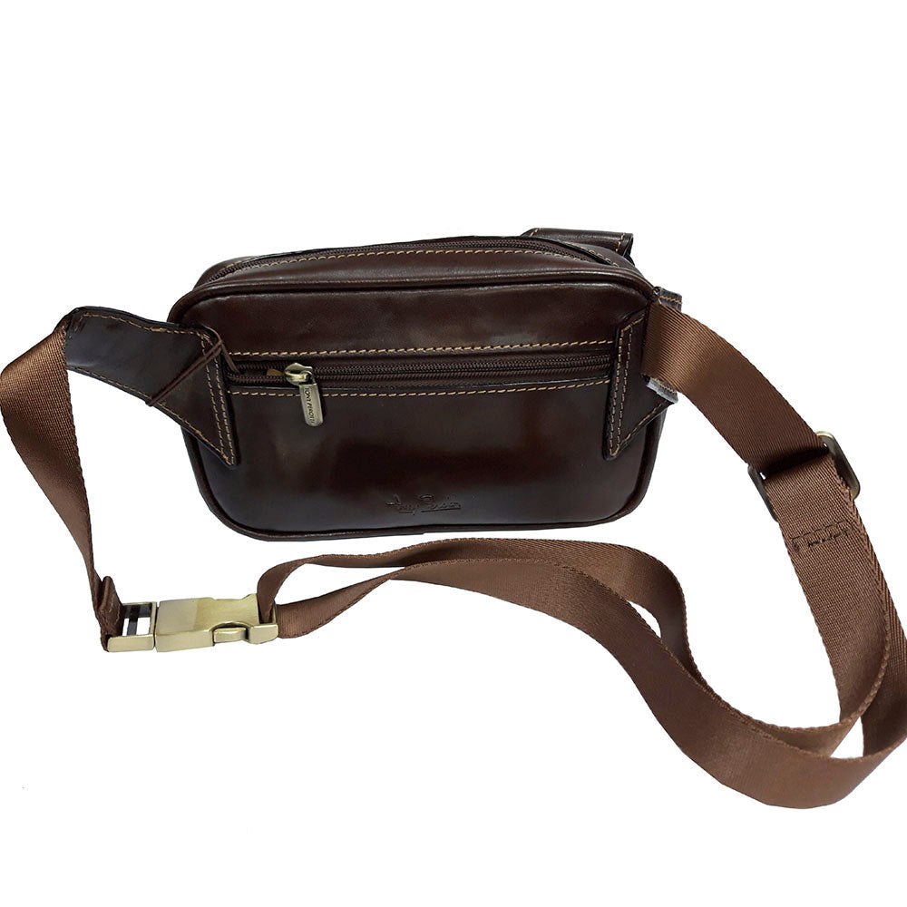 Back of the brown Italico 8606 — the full-width zip pocket and the embossed Tony Perotti signature, with the belt coiled below