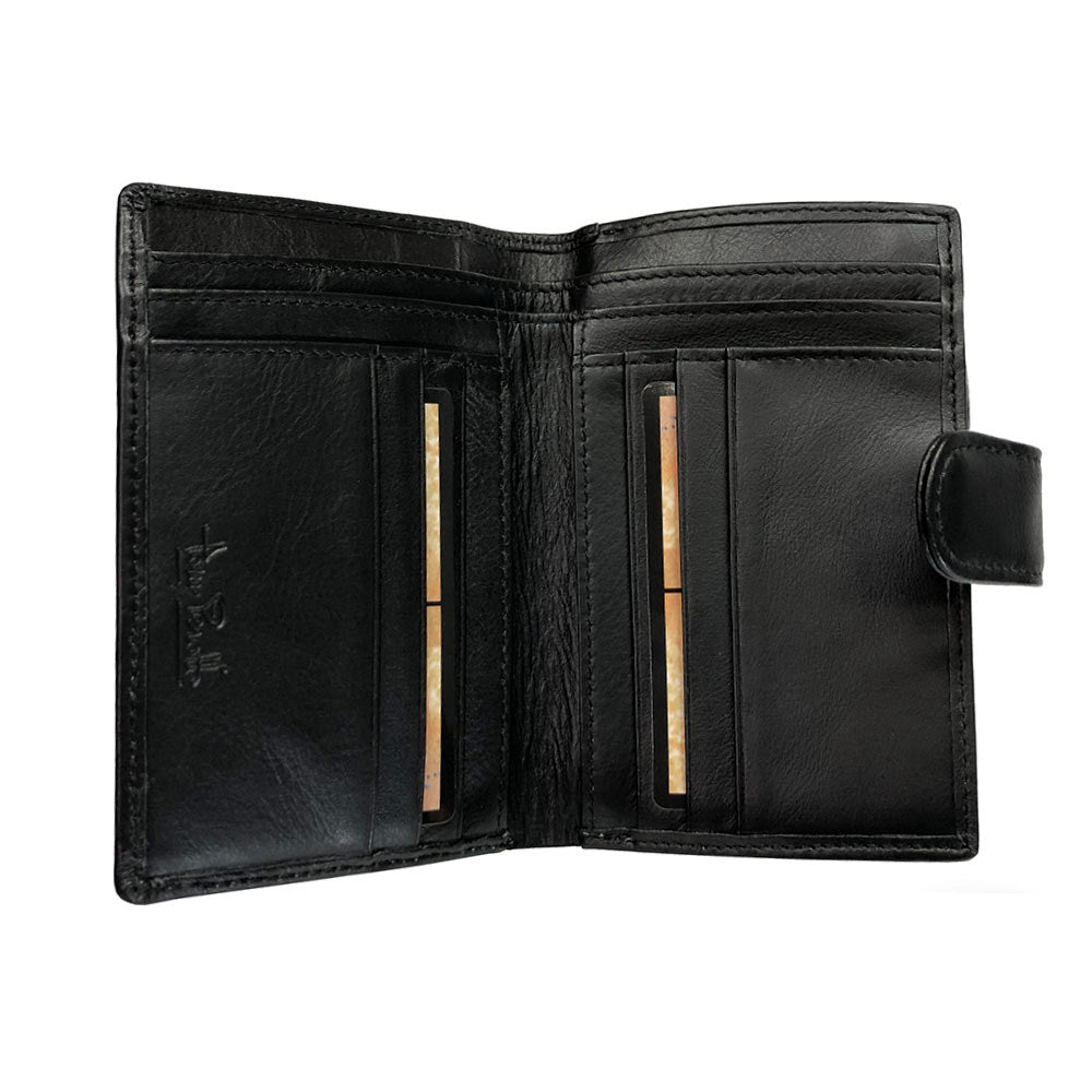 Open black bifold wallet with two deep banknote compartments