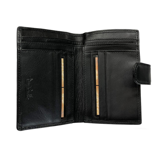 Open black bifold wallet with two deep banknote compartments